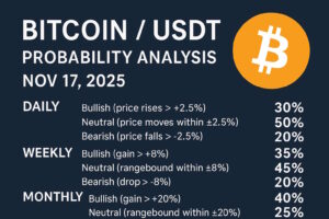 Get the latest BITCOINUSDT probability analysis for November 17, 2025 using live TradingView market data. Includes daily, weekly, and monthly price probability forecasts, key technical levels, and a transparent methodology. Educational content only—published on One Web One Hub.