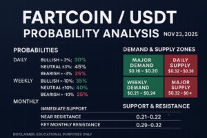 FARTCOINUSDT probability analysis for Nov 23 2025 using live TradingView data. Includes daily, weekly, and monthly price outlook, demand and supply zones, support and resistance levels, and a clear breakdown of probability methods. Educational content only by One Web One Hub.