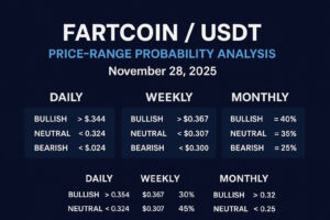 Daily, weekly, and monthly FARTCOIN/USDT price-range probability analysis for Nov 28, 2025 based on live TradingView data. Includes demand and supply zones, key support and resistance, and a clear methodology for traders. Educational content only.