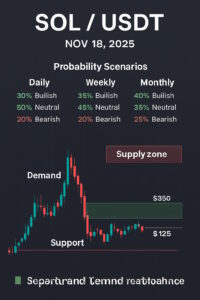 Solana (SOLUSDT) probability analysis for Nov 18, 2025 with live TradingView data, daily–weekly–monthly price probabilities, demand and supply zones, support and resistance levels, and transparent methodology. Educational content only. Read the full technical outlook on One Web One Hub.