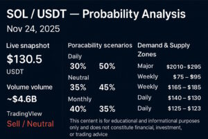 Solana (SOL/USDT) probability analysis for Nov 24, 2025 based on live TradingView data. Includes daily, weekly, and monthly price probabilities, demand and supply zones, support and resistance levels, and an educational disclaimer. Published on One Web One Hub.