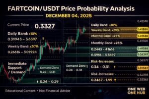 FARTCOINUSDT price probability analysis for December 4, 2025 using live TradingView data. Includes daily, weekly, and monthly outlook, sentiment analysis, support and resistance zones, supply and demand areas, and educational insights for traders on One Web One Hub.