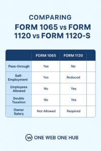LLC tax filing, Form 1065, Form 1120, Form 1120-S, LLC tax comparison, partnership return, S corporation election, C corporation taxation, CP 575 guide, IRS filing requirements, LLC tax advantages, LLC tax pitfalls, One Web One Hub