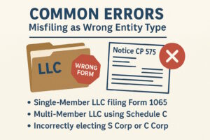 LLC misfiling errors, wrong tax form LLC, IRS CP 575 mistakes, LLC tax classification errors, single-member LLC filing mistakes, multi-member LLC filing errors, Form 1065 vs Schedule C, S Corp election errors, C Corp misfiling, IRS mismatch notices, CP 575 filing issues, LLC tax compliance, avoid IRS penalties LLC, correct tax form for LLC, One Web One Hub tax course