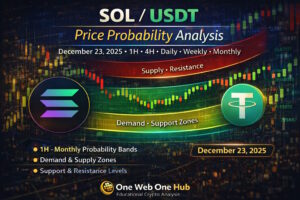 This educational SOL/USDT analysis for December 23, 2025 explores probability-based price ranges across 1H, 4H, daily, weekly, and monthly timeframes. The post highlights key demand and supply zones, major support and resistance levels, current market sentiment, and explains the methodology used to calculate price probabilities. Powered by TradingView research and presented by One Web One Hub for informed crypto market understanding.