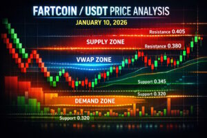 FARTCOINUSDT price probability analysis January 10 2026 showing Renko chart VWAP zones support resistance and demand supply levels