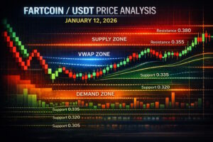 This educational FARTCOINUSDT price analysis for January 12, 2026 explores short-term to long-term probability ranges using multi-timeframe technical analysis, Renko chart behavior, VWAP zone positioning, demand and supply areas, key support and resistance levels, and overall market sentiment to help traders understand potential price behavior.