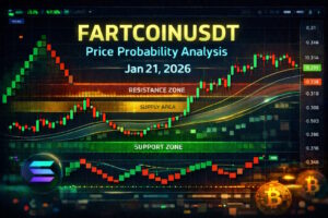 FARTCOINUSDT price probability analysis for January 21, 2026 using real live TradingView and exchange data. Covers sub-$0.30 price behavior, 15m to monthly forecasts, Renko chart structure, demand and supply zones, VWAP bias, and market sentiment. Educational crypto content by One Web One Hub.