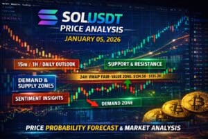 SOLUSDT analysis, Solana price prediction January 05 2026, SOLUSDT price forecast, Solana technical analysis, SOLUSDT TradingView analysis, Solana price probability analysis, SOLUSDT support and resistance, Solana demand and supply zones, SOLUSDT intraday analysis, Solana 15m 30m 1h analysis, Solana 4h daily weekly monthly forecast, SOLUSDT VWAP analysis, Solana VWAP price range, crypto probability trading, Solana market sentiment, One Web One Hub crypto analysis