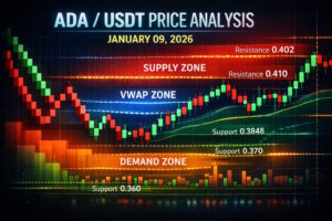 ADA/USDT price probability analysis for January 09, 2026 featuring live price research, Renko chart insights, VWAP fair-value zones, demand and supply levels, and market sentiment analysis.