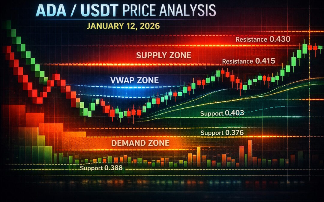 ADA/USDT price probability analysis for January 12, 2026 with multi-timeframe outlook, Renko chart trends, VWAP fair value zones, demand and supply levels, and market sentiment insights.