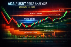 ADA/USDT price probability analysis for January 12, 2026 with multi-timeframe outlook, Renko chart trends, VWAP fair value zones, demand and supply levels, and market sentiment insights.