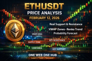 ETHUSDT price analysis for February 12, 2026 with real price levels, VWAP zones, Renko trend analysis, demand and supply zones, support and resistance, sentiment, and multi-timeframe probability forecasts. Educational crypto market research on One Web One Hub.