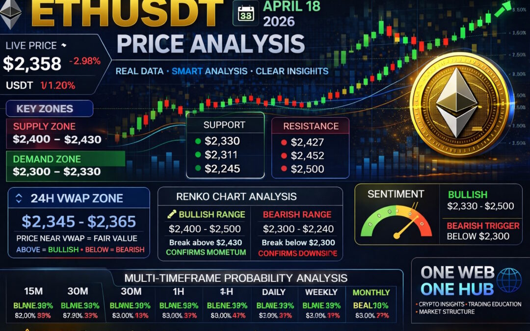 ETHUSDT analysis April 18 2026, Ethereum price analysis today, ETHUSDT technical analysis, Ethereum price prediction April 2026, ETH support and resistance levels, Ethereum demand and supply zones, ETH VWAP analysis, Ethereum 24H VWAP zone, ETH Renko chart analysis, Ethereum multi timeframe analysis, ETH 15m 30m 1H 4H daily weekly monthly forecast, Ethereum sentiment analysis crypto market, ETH trading probability analysis, Ethereum price today USDT, crypto trading education blog, One Web One Hub ETH analysis