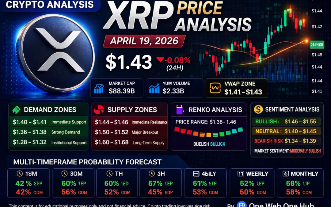 XRP price analysis April 19 2026, XRPUSDT price prediction, XRP technical analysis today, XRP price forecast April 2026, XRP support and resistance, XRP demand and supply zones, XRP Renko chart analysis, XRP VWAP analysis, XRP sentiment analysis, XRP breakout levels XRP, XRP crypto trading signals, XRP weekly outlook, XRP monthly forecast, XRPUSDT live chart analysis, Ripple XRP price update, XRP bullish breakout prediction, XRP market trend analysis, altcoin price analysis, crypto trading education, One Web One Hub XRP