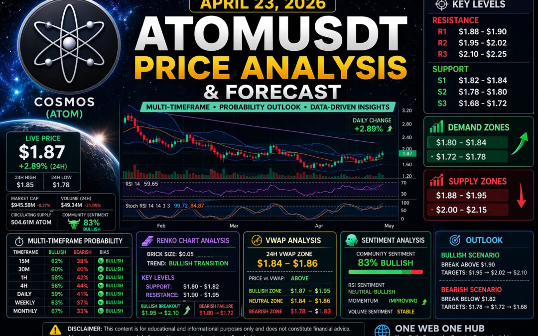 ATOMUSDT price analysis April 23 2026, Cosmos ATOM price prediction, ATOMUSDT technical analysis, ATOMUSDT support and resistance, Cosmos crypto forecast 2026, ATOMUSDT demand and supply zones, ATOMUSDT Renko chart analysis, ATOMUSDT VWAP analysis, Cosmos ATOM trading outlook, ATOMUSDT short term forecast, ATOMUSDT long term prediction, Cosmos ATOM market sentiment, ATOMUSDT probability analysis, crypto trading ATOMUSDT, ATOMUSDT breakout levels, Cosmos ATOM price forecast today, ATOMUSDT trend analysis, One Web One Hub crypto blog, Cosmos ATOM insights, ATOMUSDT trading strategy 2026