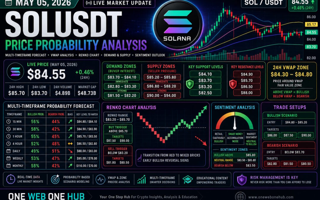 SOLUSDT price prediction May 2026, Solana price analysis today, SOLUSDT technical analysis, Solana forecast May 5 2026, SOLUSDT support and resistance levels, Solana VWAP analysis, SOLUSDT Renko chart strategy, Solana demand supply zones, SOLUSDT multi timeframe analysis, crypto trading signals Solana, SOL price prediction short term, Solana market sentiment analysis, SOLUSDT breakout levels, cryptocurrency trading blog, One Web One Hub crypto insights