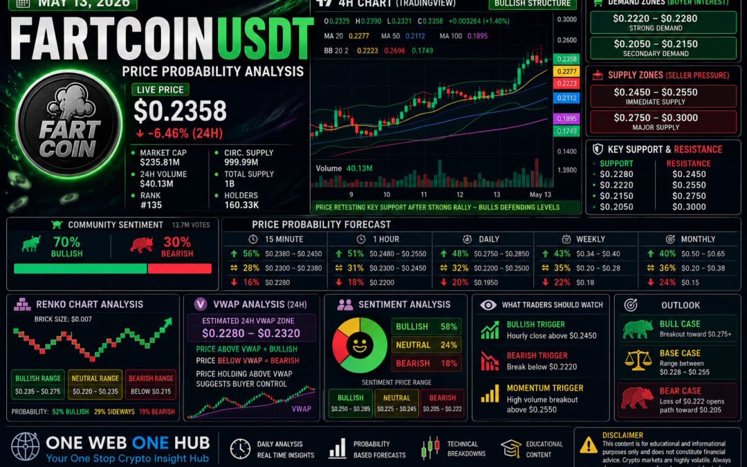 FARTCOINUSDT, FARTCOIN price prediction, FARTCOIN analysis May 13 2026, FARTCOINUSDT technical analysis, FARTCOIN live price today, FARTCOIN TradingView analysis, FARTCOIN CoinMarketCap data, FARTCOIN VWAP analysis, FARTCOIN Renko chart analysis, FARTCOIN support and resistance, FARTCOIN demand and supply zones, FARTCOIN sentiment analysis, meme coin price forecast, crypto probability analysis, FARTCOIN daily weekly monthly outlook
