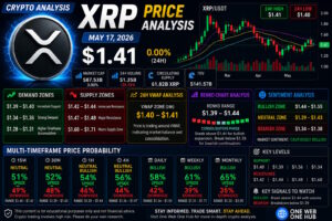 XRP price analysis May 17 2026, XRPUSDT price prediction, XRP technical analysis today, XRP support and resistance levels, XRP demand and supply zones, XRP Renko chart analysis, XRP VWAP analysis, XRP sentiment analysis, XRP breakout prediction, XRP trading signals, XRP weekly forecast 2026, XRP monthly outlook, XRPUSDT live chart analysis, Ripple XRP update, XRP bullish analysis, XRP bearish levels, XRP consolidation analysis, altcoin market analysis, crypto trading education, One Web One Hub XRP