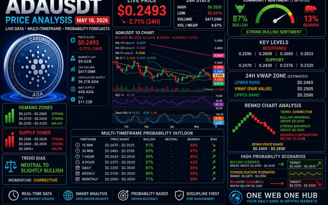 ADAUSDT, ADA price analysis May 18 2026, Cardano price prediction 2026, ADAUSDT technical analysis, ADA live price today, Cardano crypto forecast, ADA TradingView analysis, Cardano CoinMarketCap insights, ADA VWAP analysis, ADA 24H VWAP zone, Cardano Renko chart analysis, ADA support and resistance levels, ADA demand and supply zones, ADA multi timeframe analysis, ADA 15m forecast, ADA 30m analysis, ADA 1H outlook, ADA 4H trend analysis, ADA daily price prediction, ADA weekly forecast, ADA monthly outlook 2026, Cardano sentiment analysis, ADA breakout levels, ADA bearish correction, ADA accumulation zone, cryptocurrency trading education, crypto market insights blog, One Web One Hub ADA analysis, ADAUSDT forecast May 2026, Cardano swing trading setup, ADA recovery analysis
