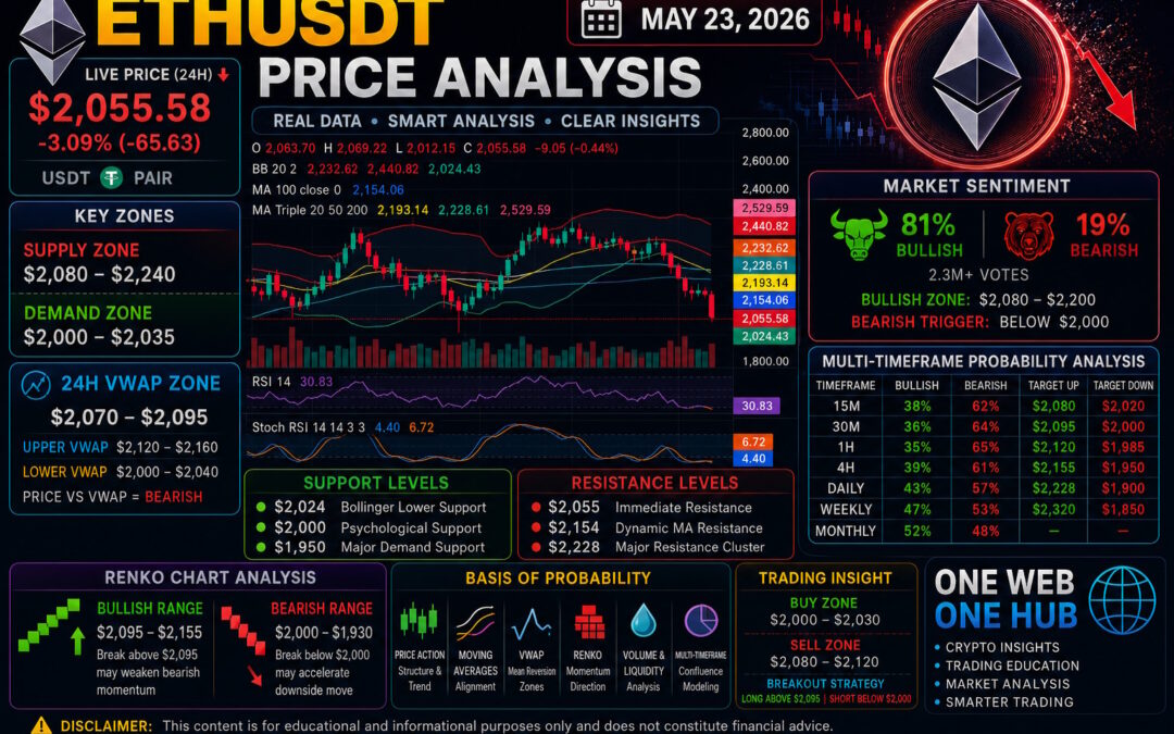 ETHUSDT analysis May 23 2026, Ethereum price prediction May 2026, ETHUSDT technical analysis today, Ethereum live price analysis, ETH support and resistance levels, Ethereum demand and supply zones, ETH VWAP analysis, Ethereum 24H VWAP zone, ETH Renko chart analysis, ETHUSDT bearish analysis, Ethereum multi timeframe analysis, ETH 15m 30m 1H 4H daily weekly monthly analysis, Ethereum sentiment analysis crypto market, ETH trading probability analysis, Ethereum price today USDT, crypto trading education blog, One Web One Hub ETH analysis