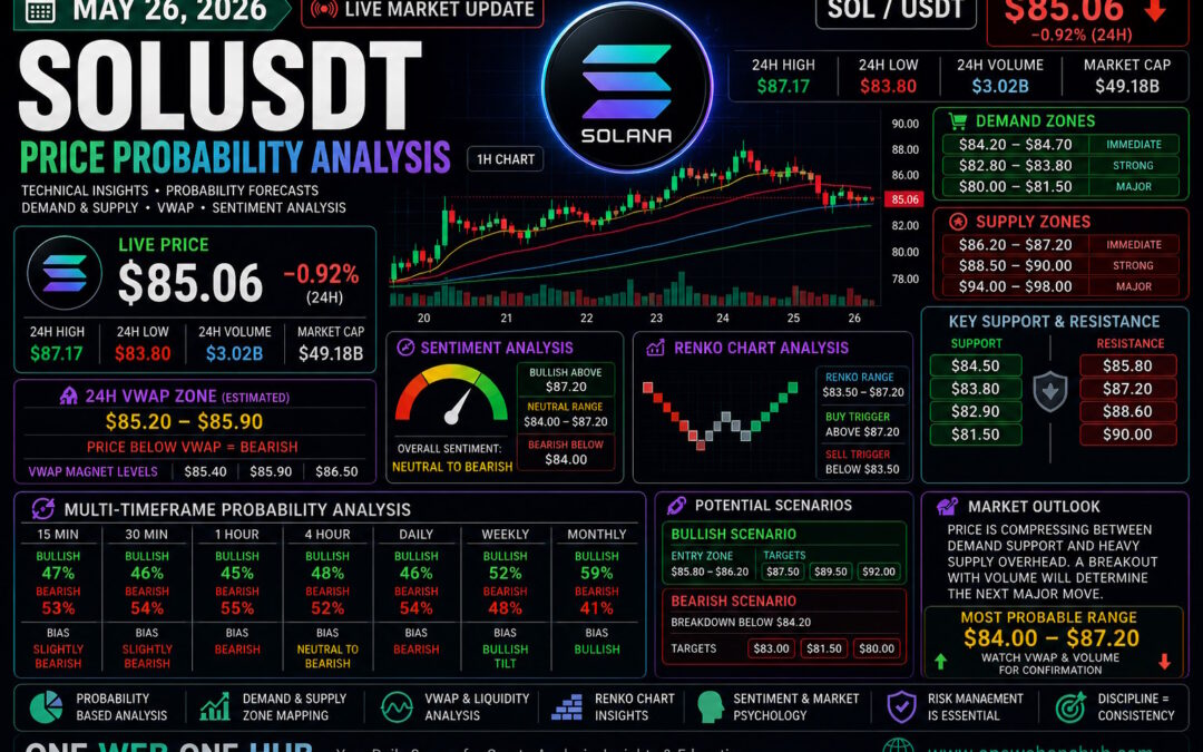 SOLUSDT price prediction May 2026, Solana technical analysis today, SOLUSDT support and resistance, Solana price forecast May 26 2026, SOLUSDT VWAP analysis, Solana Renko chart strategy, SOLUSDT probability analysis, Solana demand and supply zones, SOLUSDT sentiment analysis, SOL price prediction crypto, Solana breakout levels, multi timeframe SOLUSDT analysis, crypto trading insights Solana, cryptocurrency market education, One Web One Hub crypto blog