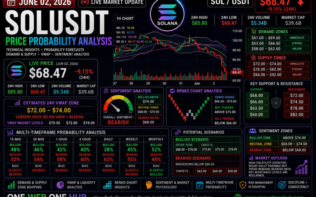 SOLUSDT price prediction June 2026, Solana price analysis today, SOLUSDT technical analysis, Solana market forecast June 2 2026, SOLUSDT support and resistance levels, Solana VWAP analysis, SOLUSDT Renko chart analysis, Solana demand and supply zones, SOLUSDT sentiment analysis, Solana bearish trend analysis, SOL price prediction short term, SOLUSDT multi timeframe forecast, cryptocurrency market analysis, Solana trading outlook, One Web One Hub crypto insights