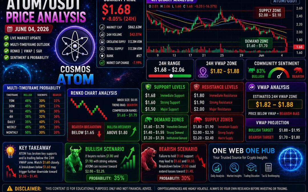 ATOMUSDT, ATOMUSDT price analysis June 2026, Cosmos ATOM forecast, ATOM crypto prediction, Cosmos technical analysis, ATOMUSDT live price analysis, ATOM Renko chart analysis, ATOM VWAP analysis, Cosmos support and resistance, ATOM sentiment analysis, ATOM price forecast June 2026, crypto trading signals, altcoin market outlook, Cosmos ATOM trading strategy, One Web One Hub crypto blog