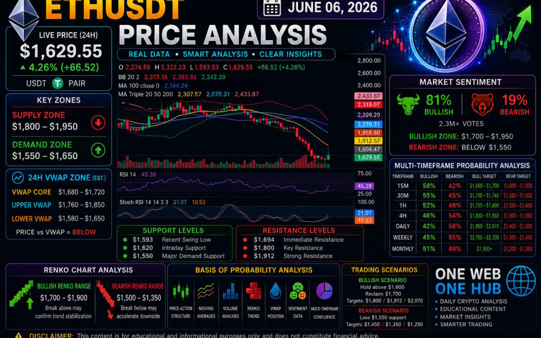 ETHUSDT analysis June 06 2026, Ethereum price prediction June 2026, ETHUSDT technical analysis today, Ethereum live price analysis, ETH price forecast, Ethereum support and resistance levels, ETH demand and supply zones, Ethereum VWAP analysis, ETH 24 hour VWAP zone, ETH Renko chart analysis, ETHUSDT recovery analysis, Ethereum market sentiment, ETH trading probabilities, ETH 15m analysis, ETH 30m analysis, ETH 1H analysis, ETH 4H analysis, Ethereum daily forecast, Ethereum weekly prediction, Ethereum monthly outlook, crypto market analysis 2026, Ethereum trading strategy, ETHUSDT bullish and bearish scenarios, One Web One Hub crypto analysis, Ethereum educational trading content