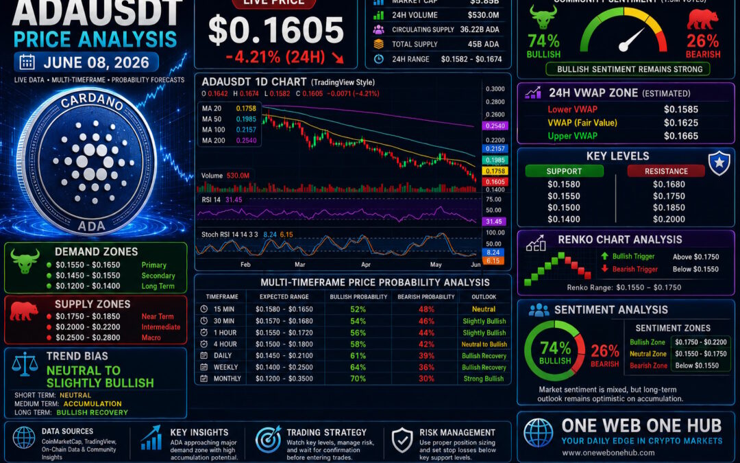 ADAUSDT, ADAUSDT price analysis June 08 2026, ADA price prediction June 2026, Cardano price forecast, ADA technical analysis, Cardano technical analysis today, ADA TradingView analysis, ADA CoinMarketCap analysis, ADA live price today, Cardano live market update, ADA Renko chart analysis, Cardano Renko forecast, ADA VWAP analysis, ADA 24H VWAP zone, Cardano support and resistance, ADA demand zone, ADA supply zone, ADA bullish forecast, ADA bearish forecast, ADA accumulation zone, ADA breakout analysis, ADA 15 minute analysis, ADA 30 minute forecast, ADA 1 hour analysis, ADA 4 hour analysis, ADA daily forecast, ADA weekly prediction, ADA monthly prediction, Cardano sentiment analysis, ADA market outlook, Cardano trading strategy, ADA crypto analysis, Cardano ecosystem outlook, ADAUSDT educational content, cryptocurrency trading education, Cardano investment analysis, One Web One Hub crypto blog, ADA price targets, Cardano support levels, ADA resistance levels, crypto market analysis 2026