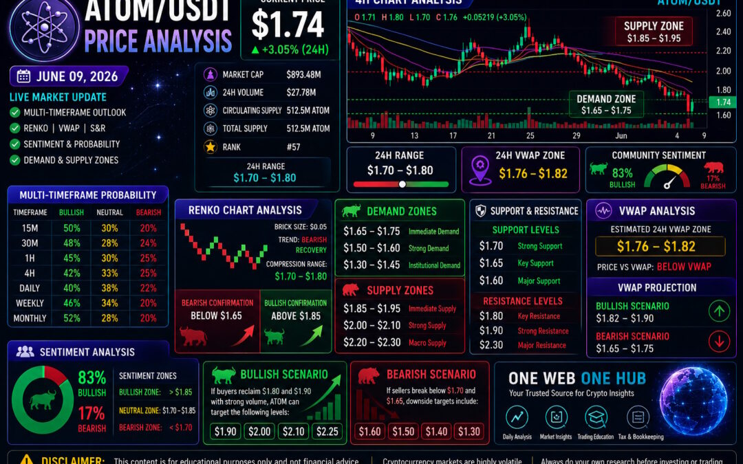ATOMUSDT, ATOMUSDT price analysis June 2026, Cosmos ATOM forecast, ATOM crypto prediction, Cosmos ATOM technical analysis, ATOMUSDT live price today, ATOM Renko chart analysis, ATOM VWAP analysis, Cosmos support and resistance levels, ATOM sentiment analysis, ATOM price forecast June 09 2026, cryptocurrency trading signals, Cosmos blockchain analysis, altcoin market outlook, One Web One Hub crypto blog