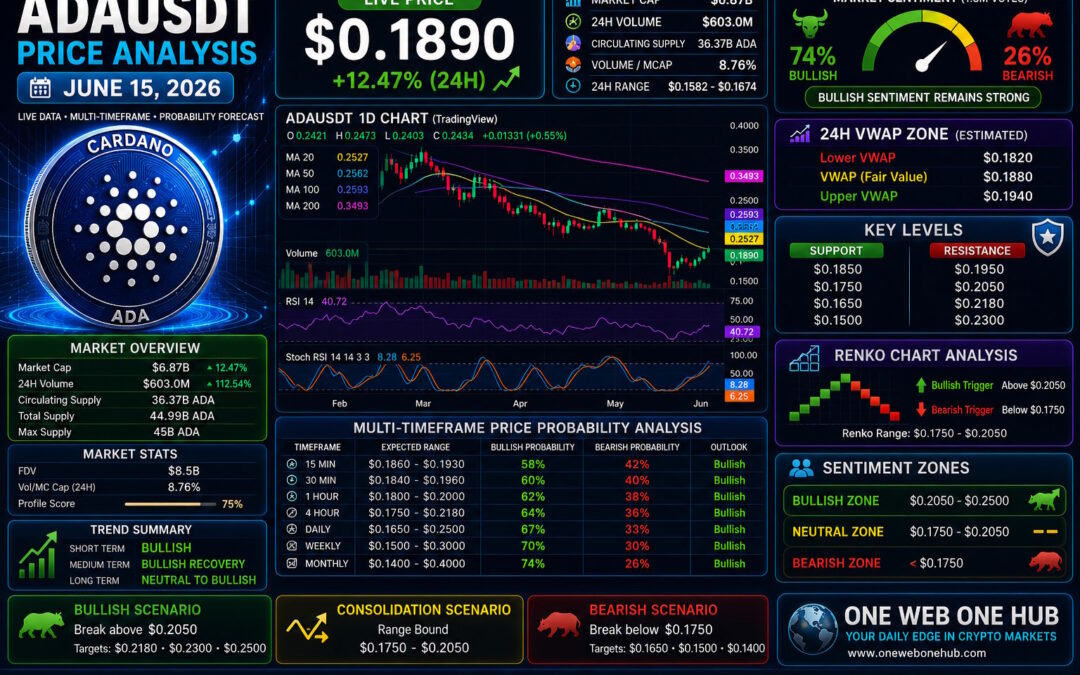 ADAUSDT, ADAUSDT price analysis June 15 2026, Cardano price prediction June 2026, ADA forecast today, ADA technical analysis, Cardano technical analysis, ADAUSDT TradingView analysis, ADA CoinMarketCap analysis, Cardano market outlook, ADA price prediction, ADA support and resistance, ADA demand zone analysis, ADA supply zone analysis, Cardano VWAP analysis, ADA 24H VWAP zone, ADA Renko chart analysis, Cardano Renko forecast, ADA bullish scenario, ADA bearish scenario, ADA recovery analysis, Cardano accumulation zone, ADA breakout levels, ADA 15 minute analysis, ADA 30 minute forecast, ADA 1 hour analysis, ADA 4 hour analysis, ADA daily analysis, ADA weekly forecast, ADA monthly prediction, Cardano sentiment analysis, ADA market sentiment, ADA trading strategy, Cardano crypto analysis, ADA educational content, cryptocurrency market analysis, Cardano price targets, ADA trading education, One Web One Hub, One Web One Hub crypto blog, ADAUSDT June 2026 forecast, Cardano market update, ADA price probability analysis, ADA trend forecast, Cardano support levels, Cardano resistance levels