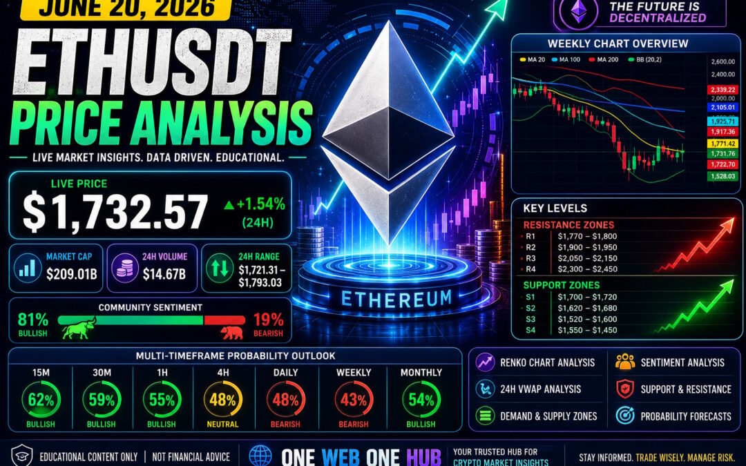 ETHUSDT analysis June 20 2026, Ethereum price prediction June 2026, ETHUSDT technical analysis today, Ethereum live price today, ETHUSDT forecast, Ethereum price forecast, ETH support and resistance, Ethereum demand and supply zones, ETH Renko chart analysis, Ethereum VWAP analysis, ETH 24 hour VWAP zone, Ethereum sentiment analysis, ETH trading strategy, ETHUSDT 15 minute analysis, ETHUSDT 30 minute analysis, ETHUSDT 1 hour analysis, ETHUSDT 4 hour analysis, Ethereum daily analysis, Ethereum weekly forecast, Ethereum monthly forecast, Ethereum market structure, ETH bullish and bearish scenarios, Ethereum technical indicators, cryptocurrency market analysis, crypto trading education, Ethereum accumulation zone, One Web One Hub, One Web One Hub crypto analysis, Ethereum probability analysis, ETHUSDT June 2026