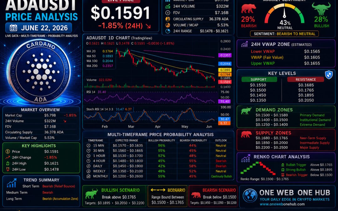 ADAUSDT, ADAUSDT price analysis June 22 2026, Cardano price prediction June 2026, ADA price forecast, Cardano technical analysis, ADA technical analysis today, ADAUSDT TradingView analysis, ADA CoinMarketCap analysis, ADA live price today, Cardano live market update, ADA Renko chart analysis, Cardano Renko analysis, ADA VWAP analysis, ADA 24H VWAP zone, Cardano support and resistance, ADA demand zone, ADA supply zone, ADA bullish forecast, ADA bearish forecast, ADA accumulation zone, Cardano market sentiment, ADA sentiment analysis, ADA breakout analysis, ADA 15 minute analysis, ADA 30 minute forecast, ADA 1 hour analysis, ADA 4 hour analysis, ADA daily forecast, ADA weekly prediction, ADA monthly forecast, Cardano trading strategy, ADA crypto analysis, cryptocurrency market analysis, Cardano investment outlook, ADA probability analysis, Cardano price targets, ADA trend analysis, One Web One Hub, One Web One Hub crypto blog, Cardano educational content, ADA trading education, crypto technical analysis June 2026