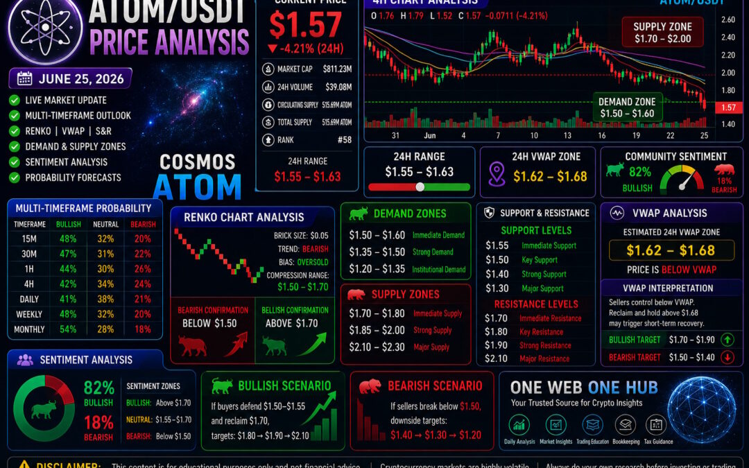ATOMUSDT, ATOMUSDT price analysis June 2026, Cosmos ATOM forecast, Cosmos price prediction, ATOM crypto analysis, ATOMUSDT technical analysis, ATOM live price today, Cosmos Renko chart analysis, ATOM VWAP analysis, Cosmos support and resistance, ATOM sentiment analysis, ATOM demand and supply zones, cryptocurrency market outlook, altcoin trading analysis, One Web One Hub crypto blog